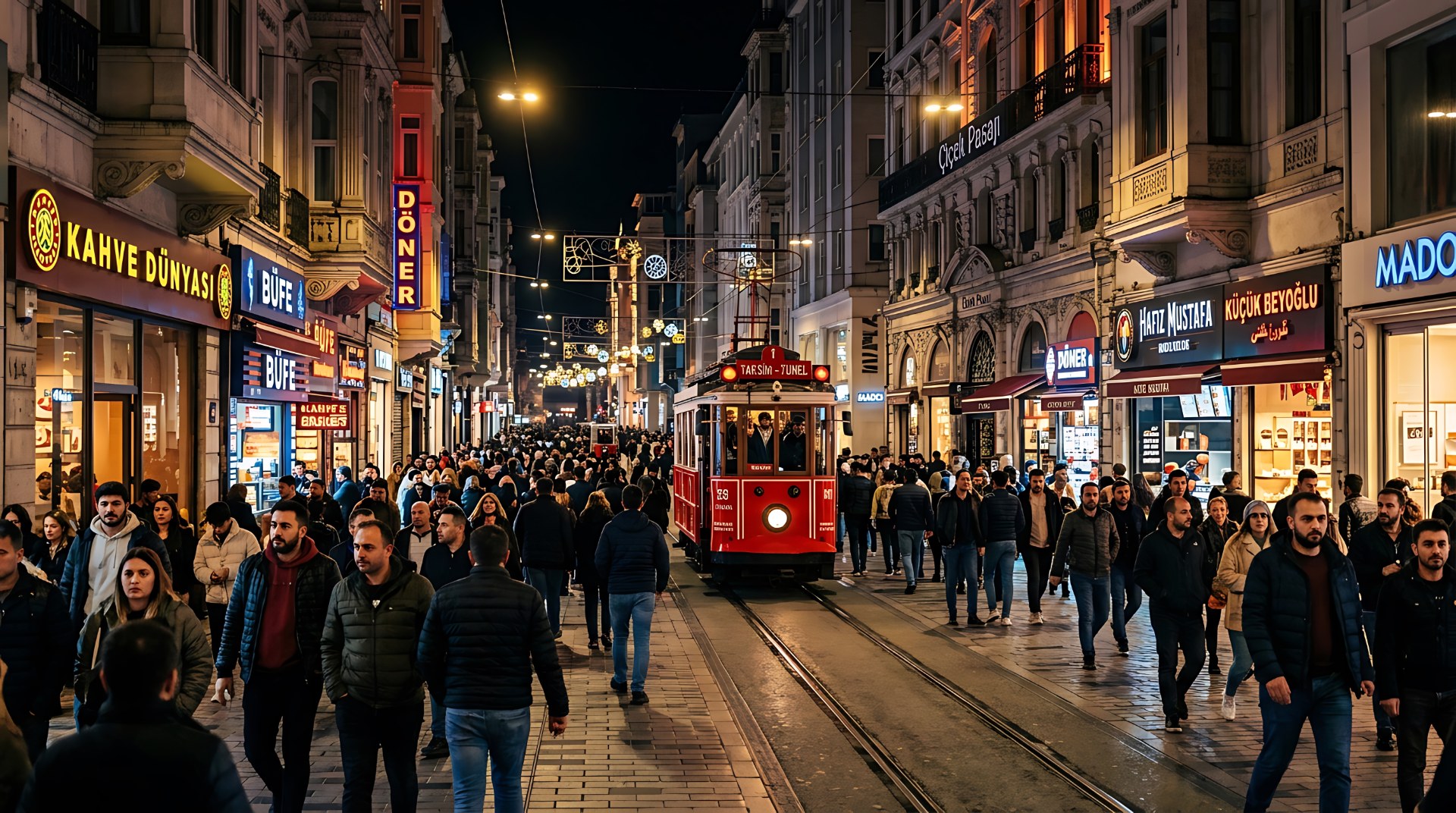 Esti tömeg az isztambuli İstiklal sugárúton, egy piros nosztalgiavillamossal